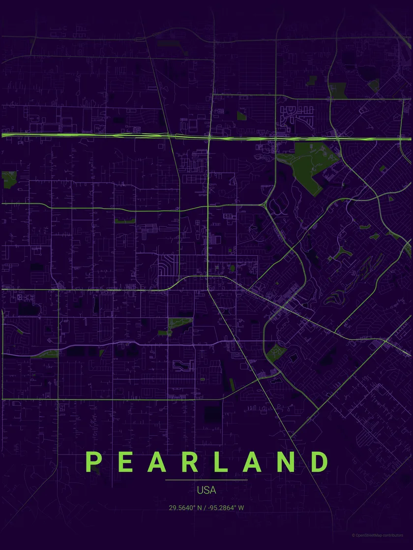 Street map poster of Pearland, Texas and the surrounding Houston metro, marking the area Sirius Plumbing serves