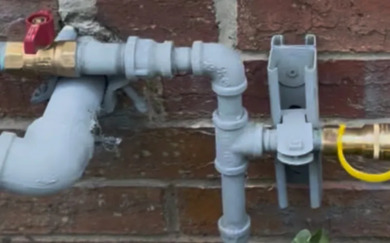 A newly run gas line on the outside of a brick house, painted black iron pipe with a shutoff valve, riser and brass fittings.