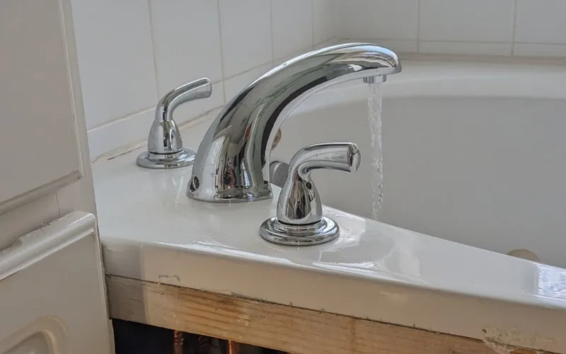 A garden tub deck opened up during a repair, water running from the restored tub filler with the supply lines exposed underneath.
