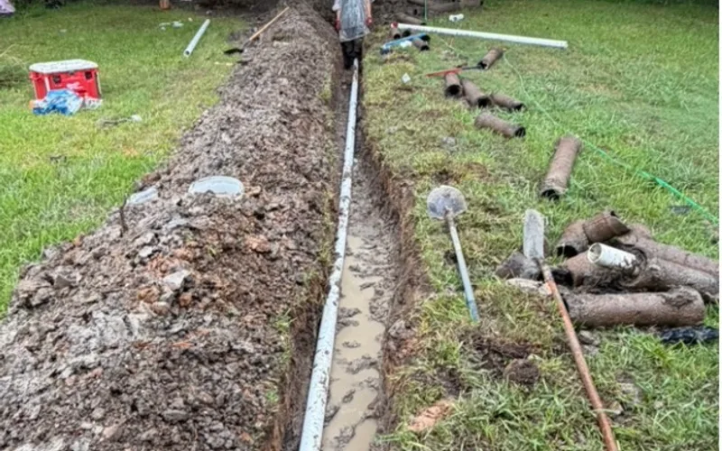 An open trench running the length of a back yard with new white sewer pipe laid in it, the failed cast iron sections stacked on the grass alongside.