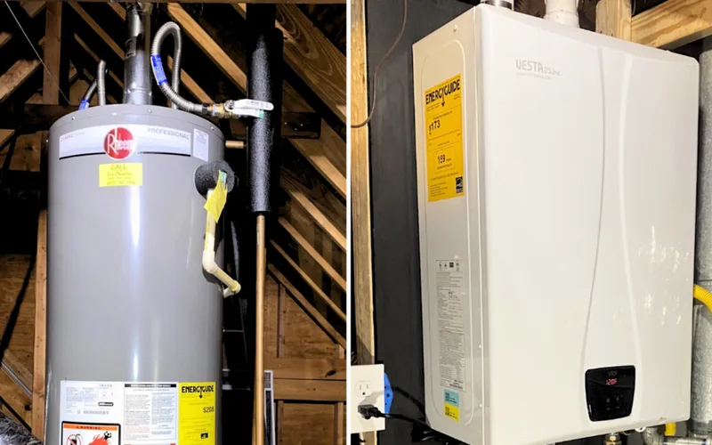 Two Sirius Plumbing installs side by side: a Rheem Professional tank water heater standing in an attic on the left, and a wall-hung tankless unit with its digital display lit on the right.