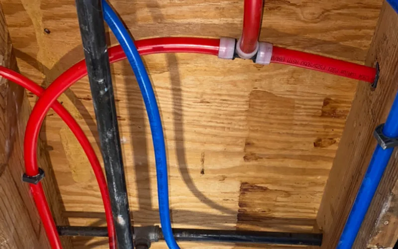 New red and blue PEX hot and cold lines run through an opened-up ceiling during a whole house repipe.